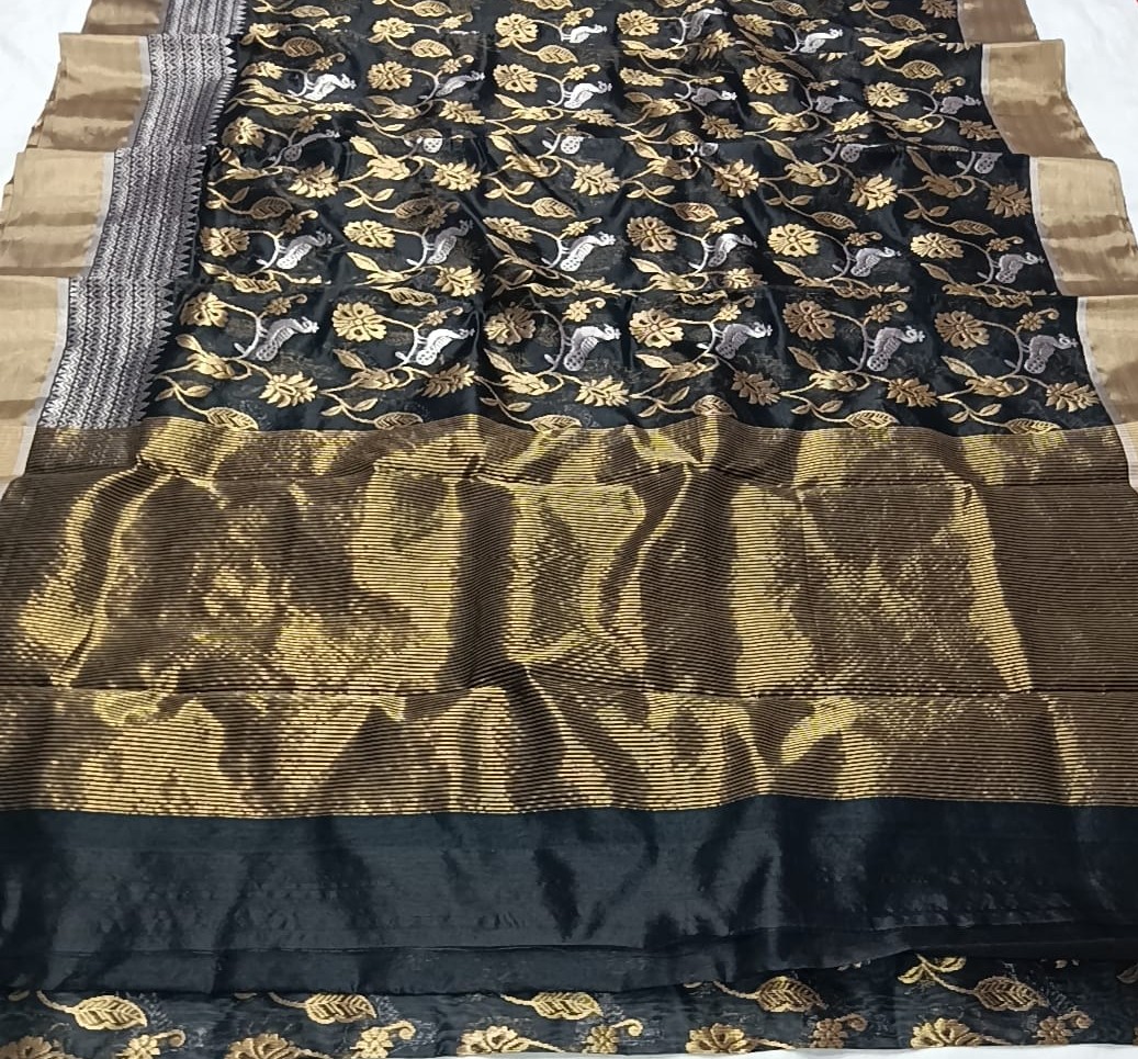 Black Chanderi Handloom Pattu Silk Handwork Saree